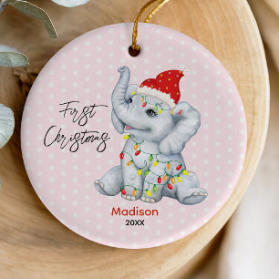 Cute Pink Sweet Baby First Christmas Elephant Ceramic Tree Decoration