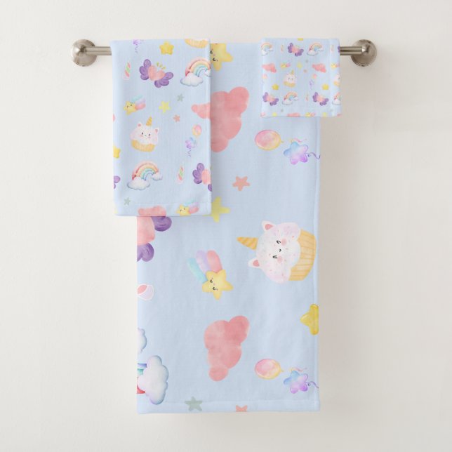 Cute pink sweet cupcake unicorn rainbow Pattern  Bath Towel Set (Insitu)