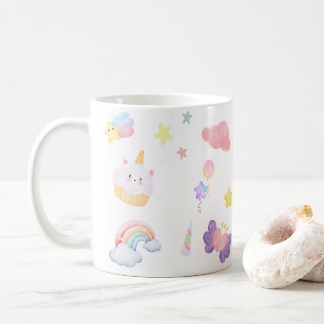 Cute pink sweet cupcake unicorn rainbow Pattern  Coffee Mug (With Donut)