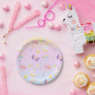 Cute pink sweet cupcake unicorn rainbow Pattern Paper Plate