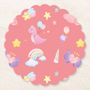 Cute pink sweet dinosaur rainbow balloon Pattern Paper Coaster