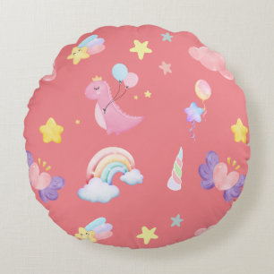 Cute pink sweet dinosaur rainbow balloon Pattern Round Cushion