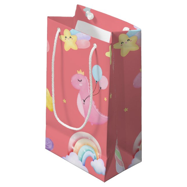 Cute pink sweet dinosaur rainbow balloon Pattern  Small Gift Bag (Front Angled)