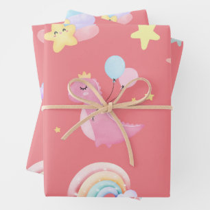 Cute pink sweet dinosaur rainbow balloon Pattern  Wrapping Paper Sheet
