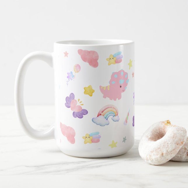 Cute pink sweet dinosaur rainbow pastel Pattern Coffee Mug (With Donut)
