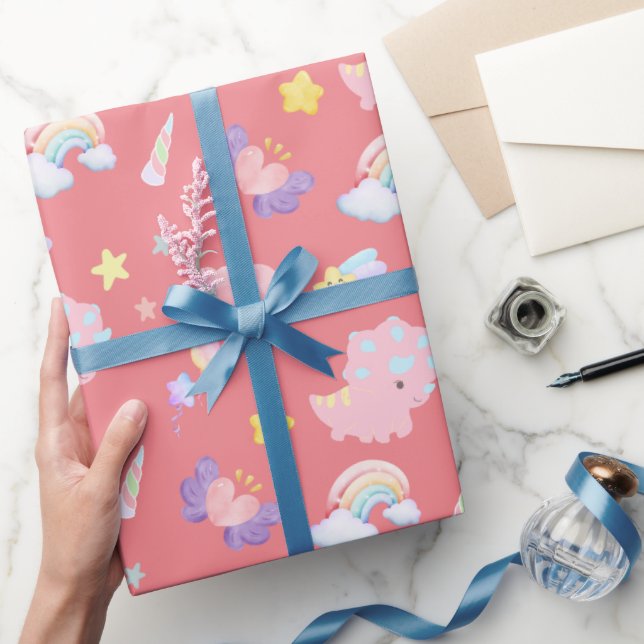 Cute pink sweet dinosaur rainbow pastel Pattern Wrapping Paper (Gifting)
