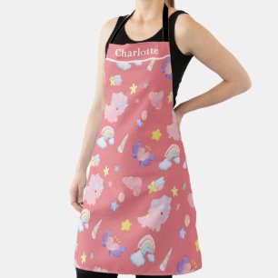 Cute pink sweet dinosaur rainbow Pattern Add Name Apron