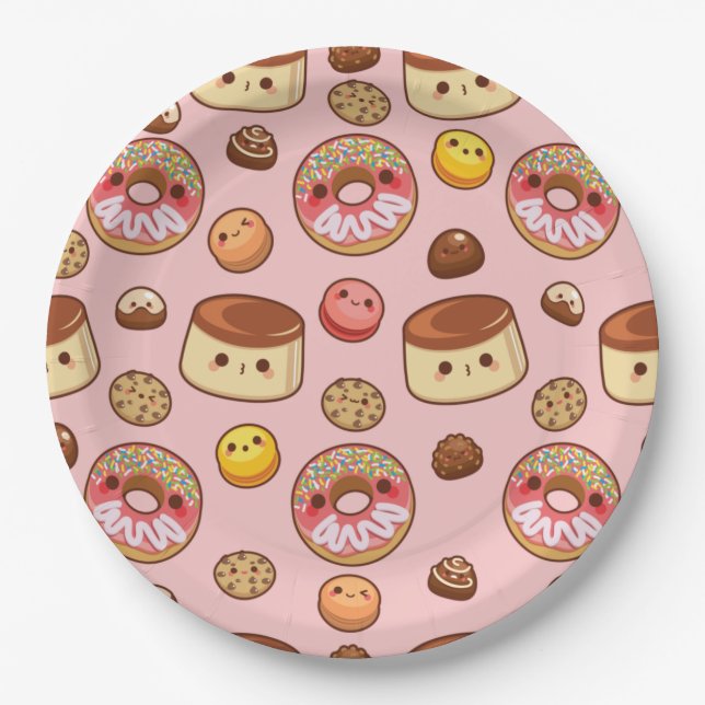 Cute Pink Sweet Kawaii Treats Party Paper Plate (Front)
