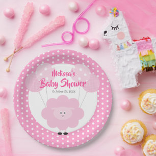 Cute Pink Sweet Lamb, Modern Simple Baby Shower Paper Plate