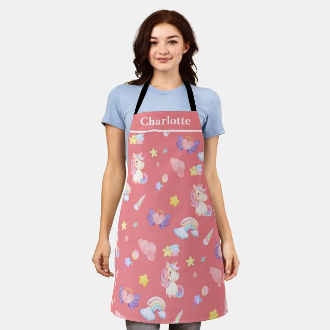 Cute pink sweet unicorn rainbow balloon Pattern  Apron (Worn)