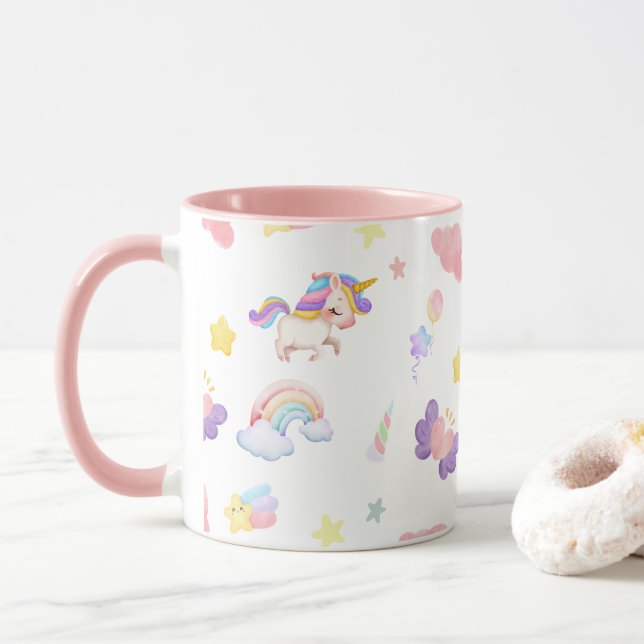 Cute pink sweet unicorn rainbow Balloon Pattern Mug (With Donut)