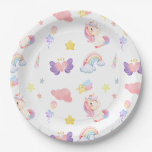 Cute pink sweet unicorn rainbow balloon Pattern  Paper Plate