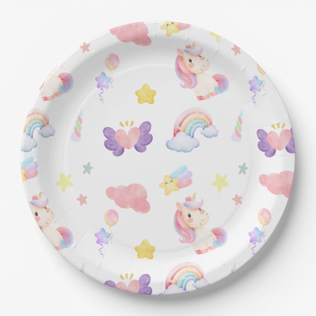 Cute pink sweet unicorn rainbow balloon Pattern  Paper Plate (Front)