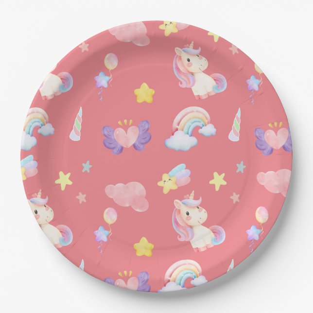 Cute pink sweet unicorn rainbow balloon Pattern  Paper Plate (Front)