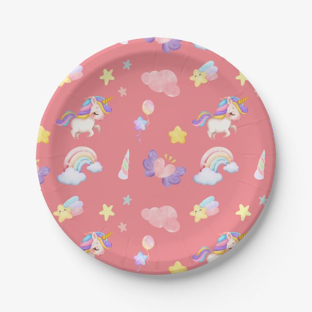 Cute pink sweet unicorn rainbow Balloon Pattern Paper Plate (Front)