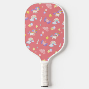 Cute pink sweet unicorn rainbow Balloon Pattern Pickleball Paddle