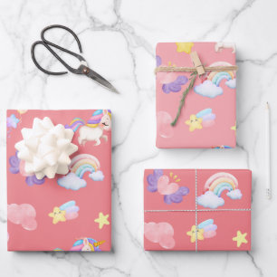 Cute pink sweet unicorn rainbow Balloon Pattern Wrapping Paper Sheet