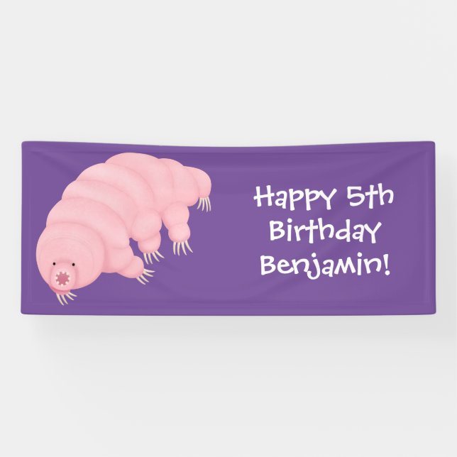 Cute pink tardigrade water bear cartoon banner (Horizontal)
