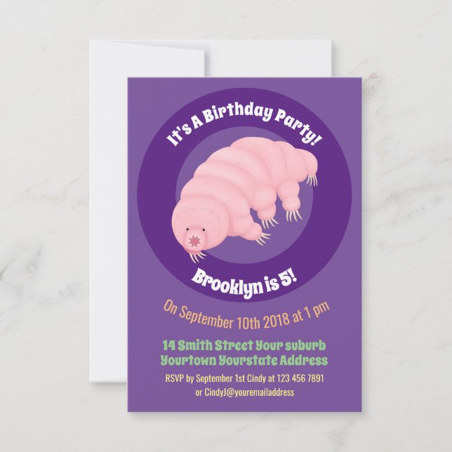 Cute pink tardigrade water bear cartoon invitation (Front)