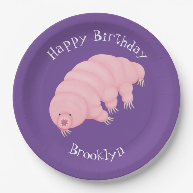 Cute pink tardigrade water bear cartoon paper plate (Front)