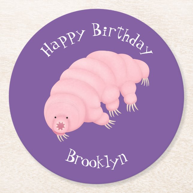 Cute pink tardigrade water bear cartoon  round paper coaster (Front)