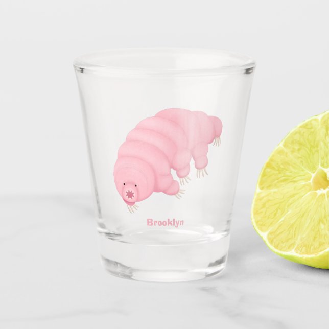 Cute pink tardigrade water bear cartoon  shot glass (Front)