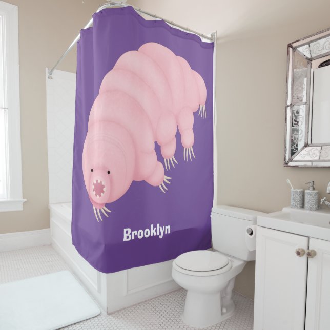 Cute pink tardigrade water bear cartoon shower curtain (In Situ)