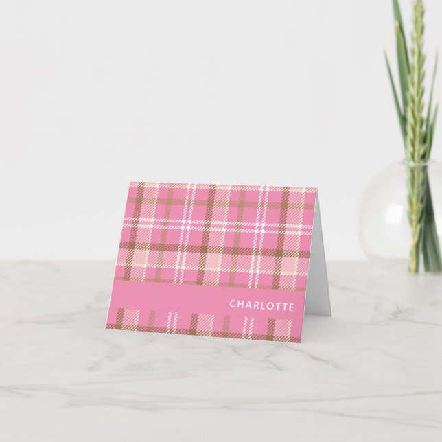 Cute Pink Tartan Plaid Pattern Personalised Name Note Card (Front)