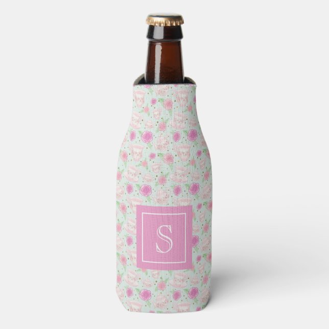Cute Pink Tea Cups Personalised Monogram Bottle Cooler (Bottle Front)