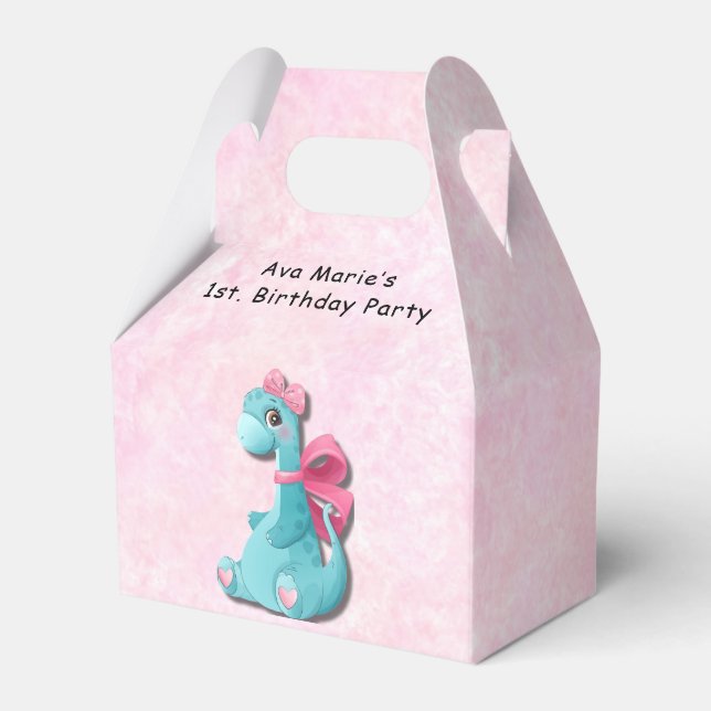 Cute Pink Teal Dino 1st. Birthday Party Favour Box (Front Side)