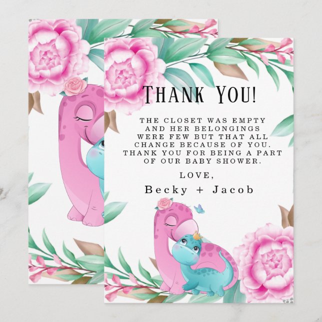 Cute Pink Teal Dinosaur Baby Shower Thank You Card (Front/Back)
