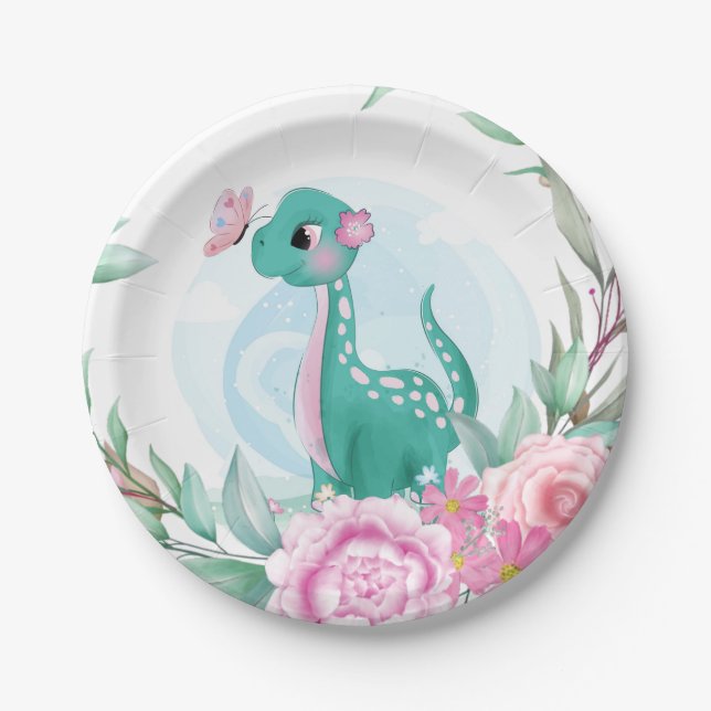 Cute Pink Teal Dinosaur Butterfly Girl Baby Shower Paper Plate (Front)