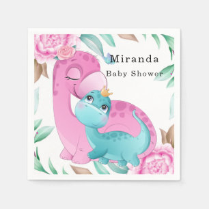 Cute Pink Teal Dinosaurs Peony Girl Baby Shower Napkin