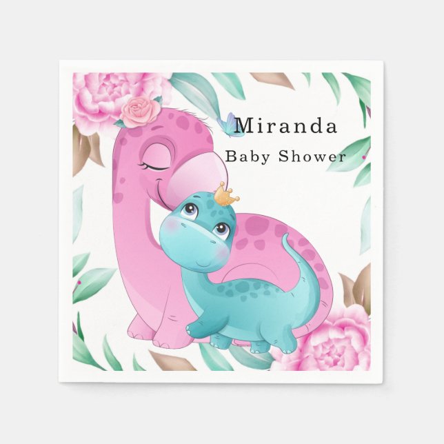 Cute Pink Teal Dinosaurs Peony Girl Baby Shower Napkin (Front)