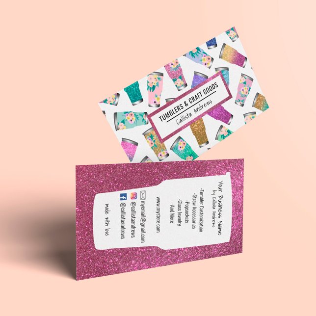 Cute Pink Teal Floral Glitter Tumbler Crafter Business Card (Creator Uploaded)