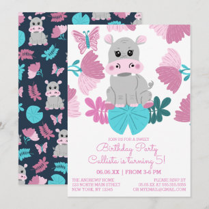 Cute Pink Teal Hippo Floral Butterfly Birthday Invitation