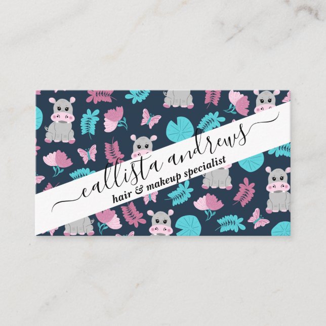 Cute Pink Teal Hippo Floral Butterfly Lily Pad Business Card (Front)