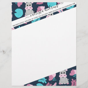 Cute Pink Teal Hippo Floral Butterfly Lily Pad Custom Letterhead