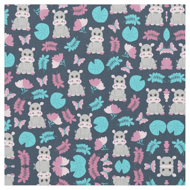 Cute Pink Teal Hippo Floral Butterfly Lily Pad Fabric (Close Up)