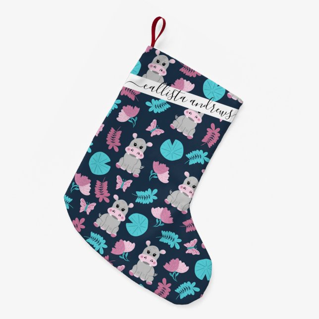 Cute Pink Teal Hippo Floral Butterfly Lily Pad Small Christmas Stocking (Front (Hanging))