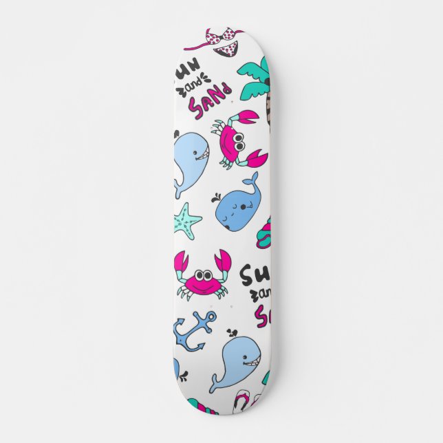 Cute Pink Teal Summer Beach Illustrated Characters Skateboard (Front)