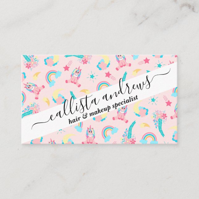 Cute Pink Teal Unicorn Rainbow Floral Stars Business Card (Front)
