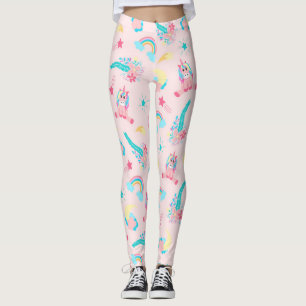 Cute Pink Teal Unicorn Rainbow Floral Stars Leggings