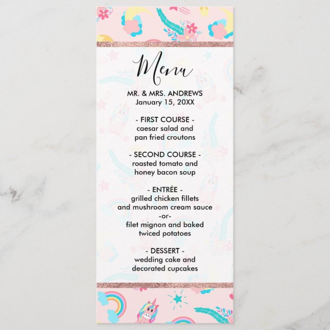 Cute Pink Teal Unicorn Rainbow Floral Stars Menu (Front)