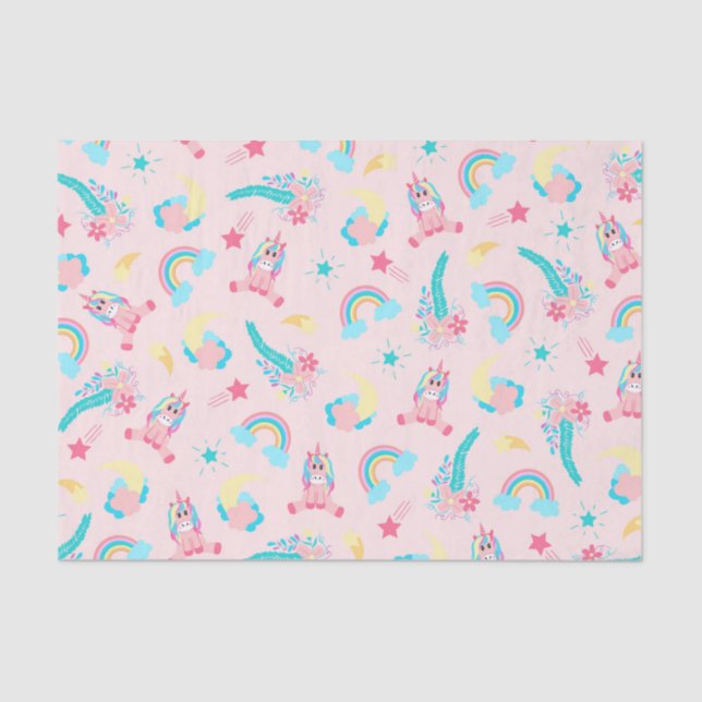 Cute Pink Teal Unicorn Rainbow Floral Stars Tissue Paper (Front)
