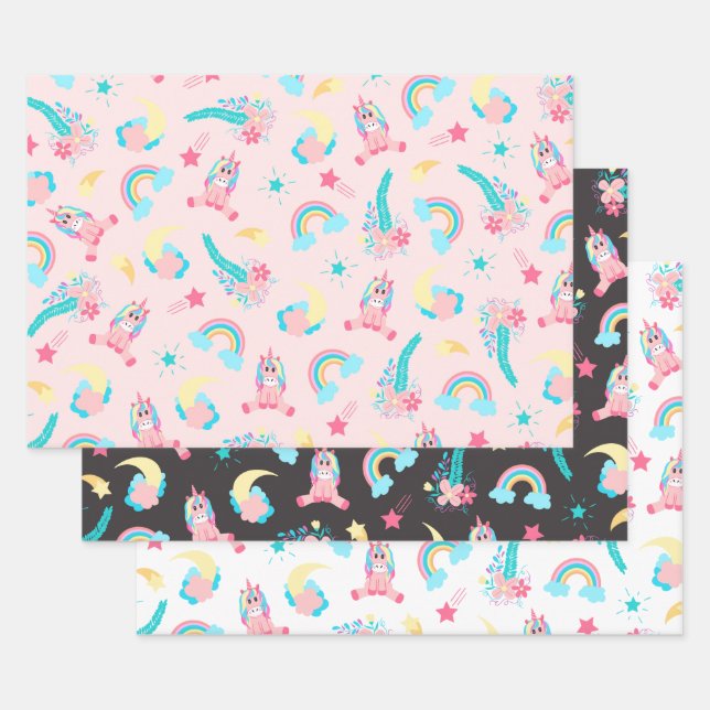 Cute Pink Teal Unicorn Rainbow Floral Stars Wrapping Paper Sheet (Set)