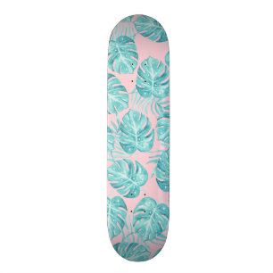 Cute pink teal watercolor tropical plant flowers skateboard