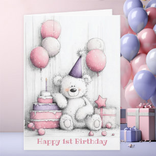 Cute Pink Teddy Bear 1st Birthday Card
