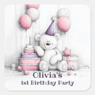 Cute Pink Teddy Bear 1st Birthday Envelope Seal