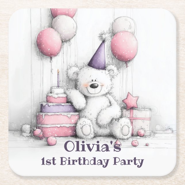 Cute Pink Teddy Bear 1st Birthday Party Coasters (Front)